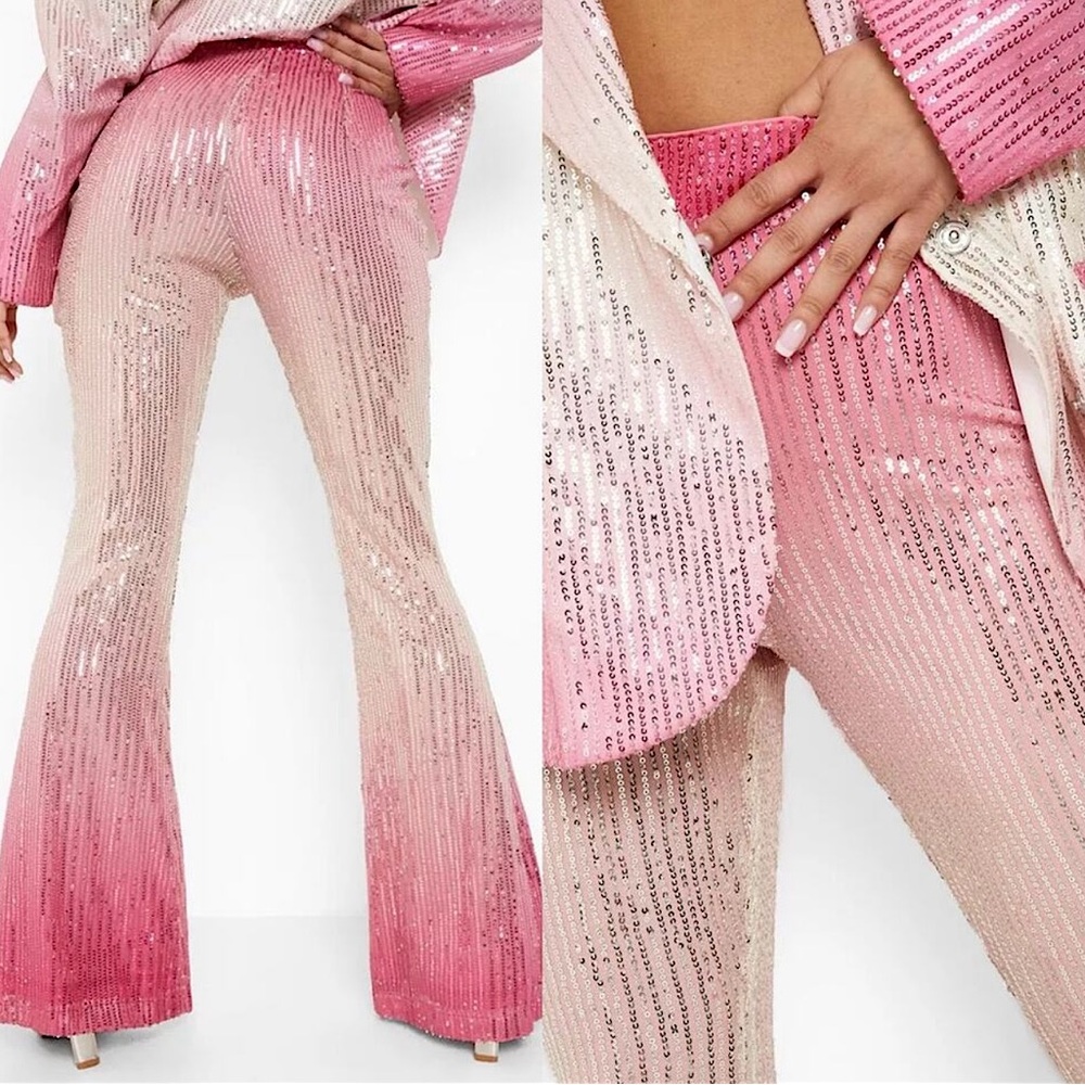 Boohoo flare sequined pink ombré flare pants. Size US 6 petite, new with tags